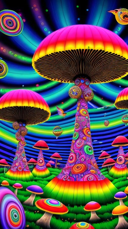 Prompt: surreal psychedelic, (bird), enormous big eyes, lsd vibe, trippy, large mushrooms in the background, distorted reality, bright color rays, positive trip, glitch, 3D realistic, warped lines, Waves, swirling lines, fractals, Color vibration, best quality, highly detailed, 8k eyes