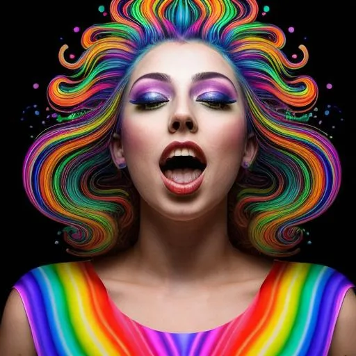 Prompt: surreal psychedelic, woman with rainbow hair, mouth open in a scream, enormous big eyes, lsd vibe, trippy, large mushrooms in the background, distorted reality, bright color rays, positive trip, glitch, 3D realistic, warped lines, Waves, swirling lines, fractals, Color vibration, best quality, highly detailed, 8k eyes