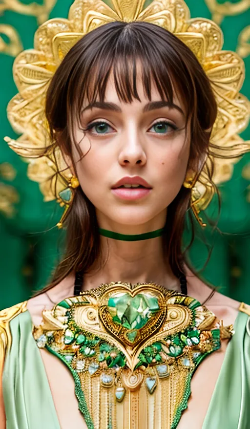 Prompt: beautiful woman, 8k green eyes, gazing at viewer, zoomed out view of character, wears a bracelet, 64k, hyper detailed, expressive, timid, graceful, beautiful, golden ratio, precise, perfect proportions, vibrant, hyper detailed, complementary colors, top quality artwork, beautiful detailed background, professional, masterpiece