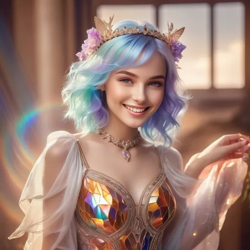 Prompt: delicate and beautiful , breathtakingly beautiful smiling girl , mythical being, energy, textures, iridescent and luminescent, breathtaking beauty, pure perfection, divine presence, unforgettable, impressive, breathtaking beauty, Volumetric light, auras, rays, vivid colors reflects