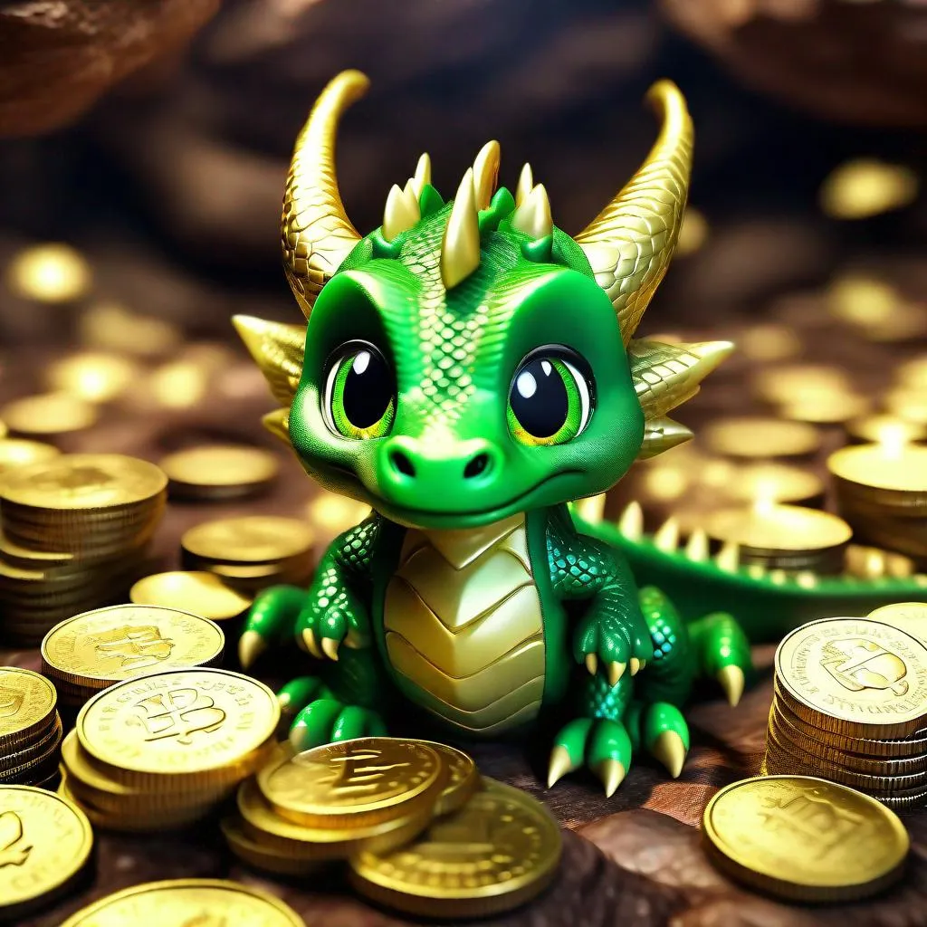 Prompt: beautiful photograph of cute fictional green Dragon, large eyes, large head, shiny gold coins litter the floor, extremely detailed cavern environment and background, intricate, sharp focus, natural colors , photorealism