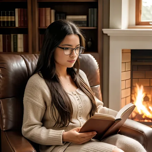 Prompt: Comfy woman in glasses, with long hair, sitting in an armchair reading a book, in a modern wood-paneled room with fireplace, roaring fire, outside the window is an Autumn field, photorealistic, best quality 