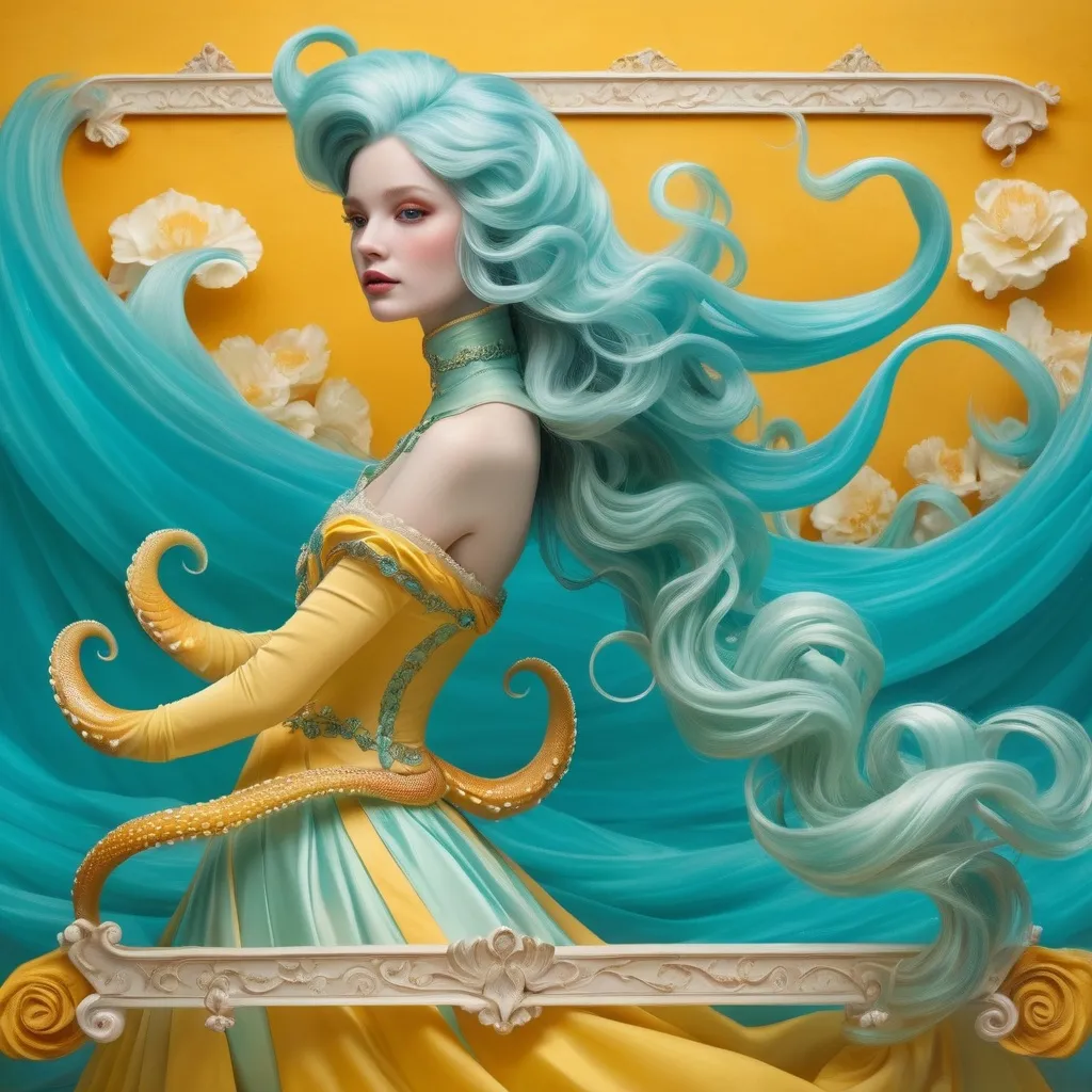 Prompt: Beautiful eel in a yellow dress, pale complexion, long swirling aquamarine hair, regal demeanor, swirling colors, warm lighting, mystical atmosphere, high quality, Victorian art style, bright tones, dramatic lighting, photorealistic 