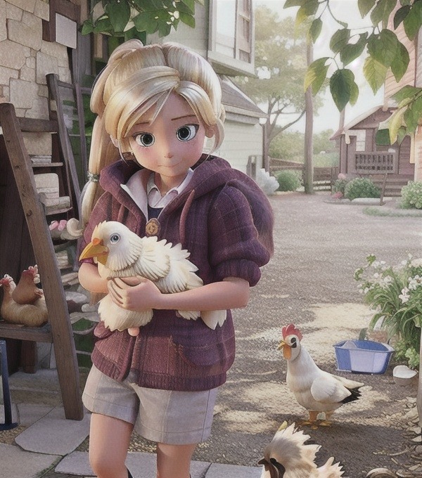 Prompt: Blonde Girl with ponytail holding pet chicken in front of coop