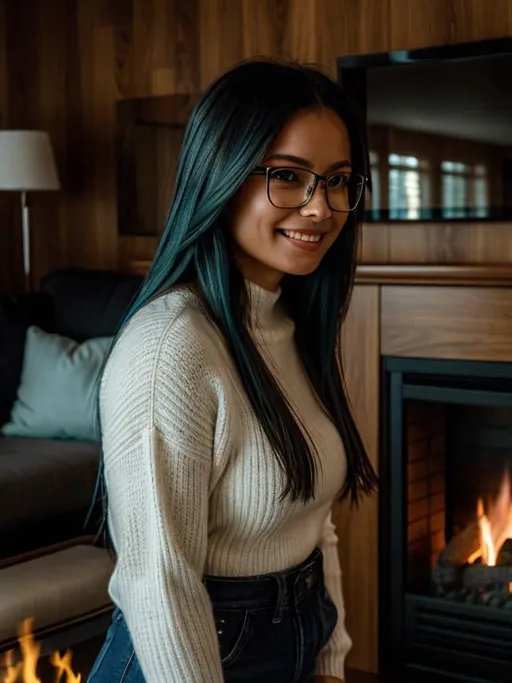 Prompt: woman in glasses, warm smile,  playing with long aquamarine hair, in a modern bright wood-paneled room with fireplace, roaring fire, outside the window is a bright Autumn field, photorealistic, best quality 