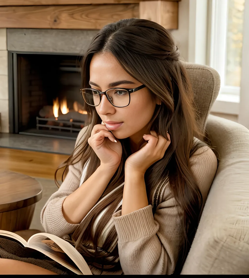 Prompt: Comfy woman in glasses, with long hair, sitting in an armchair reading a book, in a modern wood-paneled room with fireplace, roaring fire, outside the window is an Autumn field, photorealistic, best quality 