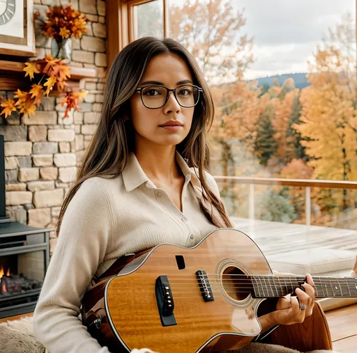 Prompt: woman in glasses, with long aquamarine hair, playing guitar , in a modern wood-paneled room with fireplace, roaring fire, outside the window is an Autumn field, photorealistic, best quality 