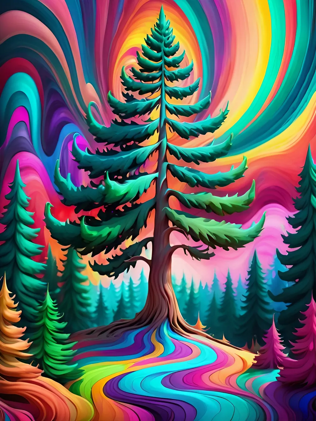 Prompt: colorful evergreen tree, psychedelic, trippy, swirled colors in the background, photorealistic 8k max