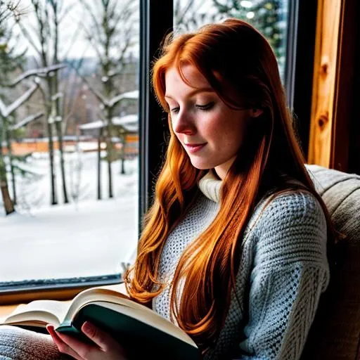 Prompt: Innocent pure redhead girl with long hair, sitting in an armchair reading a book, looking out the window over a snowy field, background is wood-paneled room with fireplace 
