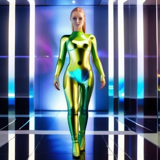 Prompt: delicate and beautiful , breathtakingly beautiful smiling female android with iridescent and luminescent plastic skin, standing in front of a full-length mirrr, reflection is pure perfection, divine presence, unforgettable, impressive, breathtaking beauty, Volumetric light, auras, rays, vivid colors reflects