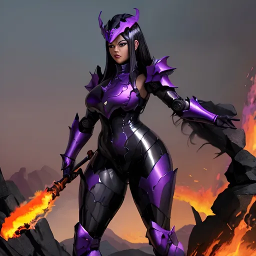 Prompt: (Dragon humanoid woman, full-figured Purple and Black high-gloss armor and helm, jet black hair) (full_body:1.2), (fire:1.3) holding a staff, misty rust-colored sky, fires burning in the distance, highly detailed 
