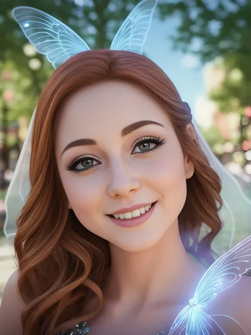 Prompt: pale skinned , auburn fairy goddess with gossamer wings on her back, smiling at the camera, wearing a long translucent dress. Uptown city scene, photorealistic, best quality