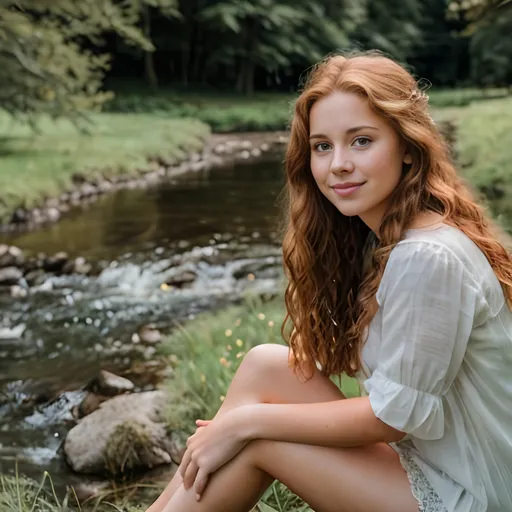 Prompt: An innocent pure young woman , long auburn curly hair sitting in grass next to a stream, springtime scene, trees, landscape view, photorealistic, best quality 