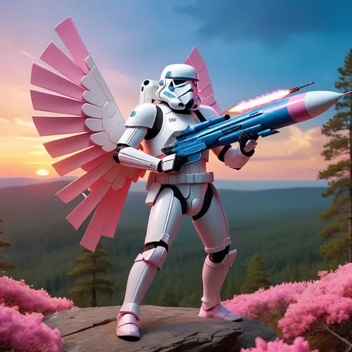 Prompt: StormTrooper in white and pink armor with blue airplane-like wings and a big missile, masterpiece, best quality
Full body shot of perfect round pineforest, cliff, blooming nature, blue sky sunset, breathtaking beauty, Volumetric light, auras, rays, vivid colors reflects, nice color, uhd, 4k, 8k, sharp raw picture, wallpaper