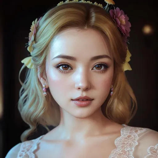 Prompt: Nintendo's Princess Daisy as a beautiful realistic woman, sensual yellow dress with lace, pink flower decor, mushroom kingdom background, hyper-realistic, photorealistic, 8k 