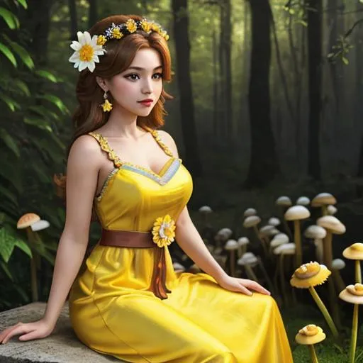 Prompt: Nintendo's Princess Daisy as a beautiful realistic woman, sensual yellow modern dress with flower decor, mushroom kingdom background