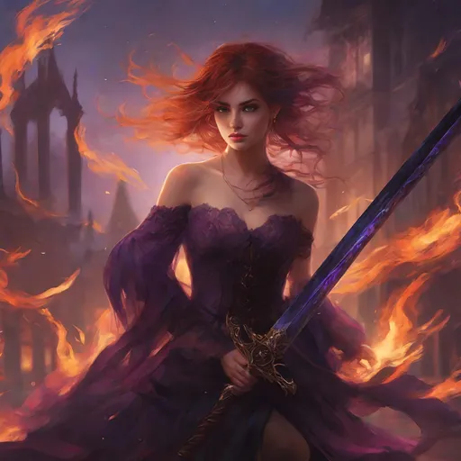 Prompt: {{Bright purple eyes}}, A young woman wearing a {tattered dress}, {{auburn colored hair}}, {{holding a long-sword}}, a dead demon behind background, flames, intricate detail, high quality