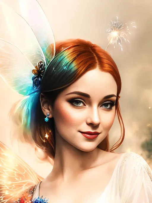 Prompt: pale skinned , auburn fairy goddess with gossamer wings on her back, smiling at the camera, wearing a long translucent dress. Waving American flag, holding a bald eagle, while driving a truck, fireworks going off in the background, ring light, sharp lines