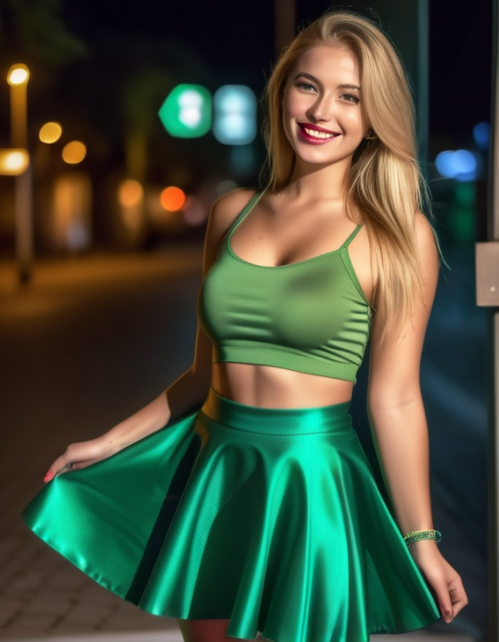 Prompt: delicate and beautiful , breathtakingly beautiful smiling girl , long blonde hair , green crop top , glossy green skater skirt , RAW Photo , full colour , best quality , HDR , photographic , realism pushed to extreme , fine texture , ultrarealistic, film grain , full length , 8K , night,