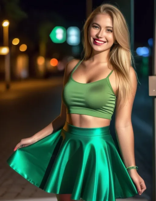 Prompt: delicate and beautiful , breathtakingly beautiful smiling girl , long blonde hair , green crop top , glossy green skater skirt , RAW Photo , full colour , best quality , HDR , photographic , realism pushed to extreme , fine texture , ultrarealistic, film grain , full length , 8K , night,