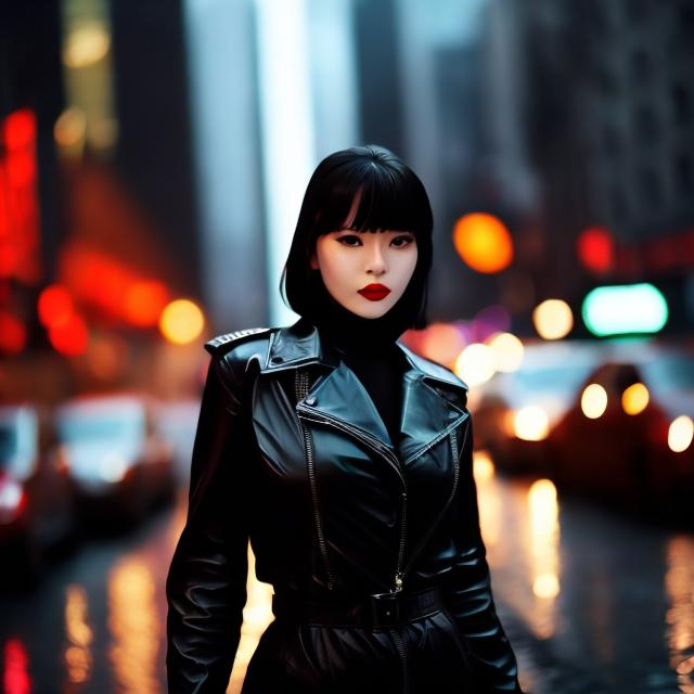 Prompt: Angel of darkness, black leather, cityscape, rain, 3/4 face, pure skin, red lipstick 