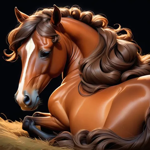 Prompt: Brown Horse dark mane curled up sleeping, in aesthetic art style, masterpiece, best quality, background night