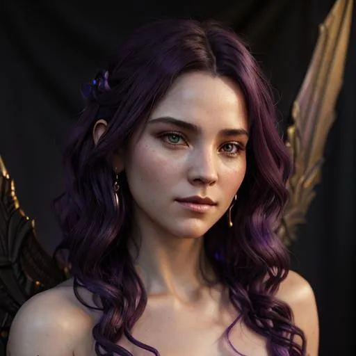 Prompt: portrait photograph of a female fury,  beautiful, wavy purple hair, feminine, charming, flirty, elegant, menacing, glowing eyes, dragon wings, highly detailed, intricate, smooth, chiaroscuro, sharp focus, artstation, digital painting, concept art, art by greg rutkowski, alphonse mucha and John William Waterhouse, D&D, fantasy