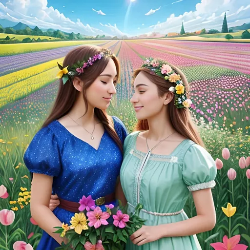 Prompt: close-up, on a lovely spring day, create a  colored pen and ink illustration of two elf women in a loving relationship, standing beneath enormous flowers in a field. Emulate the artistry of Cyril Rolando and Goro Fujita, inspired by their styles. Enhance the artwork with 4K resolution, v-ray, ray tracing, and cell shading techniques. Enrich the scene with enormous butterflies flying overhead, each with a huge wingspan.