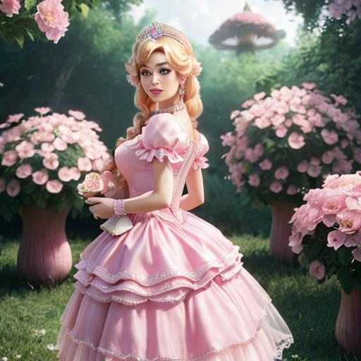 Prompt: Nintendo's Princess peach as a beautiful realistic Caucasian woman, big eyes, pink dress with lace, pink flower decor, mushroom kingdom background, hyper-realistic, photorealistic, 8k 