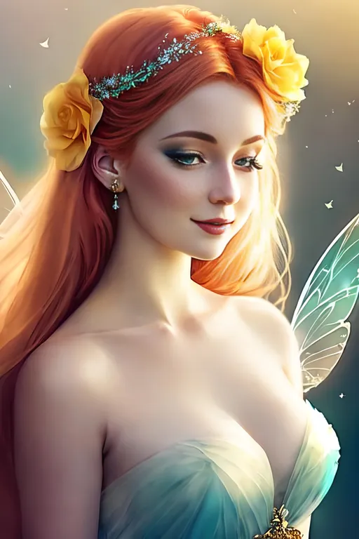 Prompt: pale skinned , auburn fairy goddess with gossamer wings on her back, smiling at her reflection, wearing a long translucent skirt, pale teal background, yellow roses, close up, ring light, sharp lines