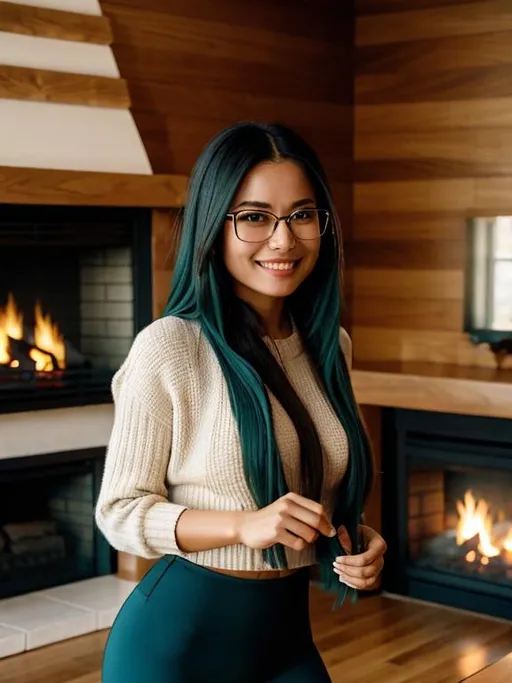 Prompt: woman in glasses, warm smile,  with long teal hair, doing exercises , in a modern bright wood-paneled room with one fireplace, outside the window is a bright Autumn field, photorealistic, best quality 