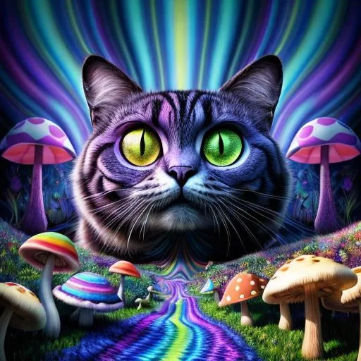 Prompt: surreal psychedelic, (Cheshire cat), enormous big eyes, lsd vibe, trippy, large mushrooms in the background, distorted reality, bright color rays, positive trip, glitch, 3D realistic, warped lines, Waves, swirling lines, fractals, Color vibration, best quality, highly detailed, 8k eyes