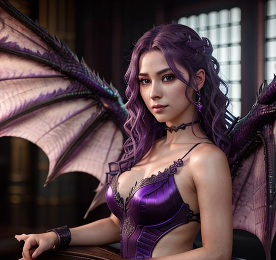 Prompt: portrait photograph of a female fury,  beautiful, wavy purple hair, feminine, charming, flirty, elegant, , glowing eyes, dragon wings, highly detailed, intricate, smooth, chiaroscuro, sharp focus, artstation, digital painting, concept art, 