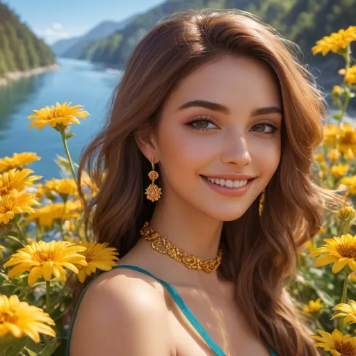 Prompt: Perfect woman with soulful look, 8k eyes, sassy smile, modest, gazing at viewer, worm's eye view, frosted flowers, zoomed out view of character, wears a bracelet, 64k, hyper detailed, expressive, timid, graceful, beautiful, golden ratio, precise, perfect proportions, vibrant, tanning by a sun-bathed river, hyper detailed, complementary colors, UHD, HDR, top quality artwork, beautiful detailed background, unreal 5, artstation, deviantart, instagram, professional, masterpiece