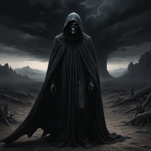 Prompt: hyperrealistic  illustration of a dark figure all in black representing a Climate Reaper
