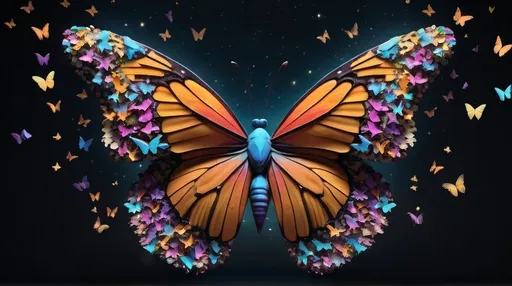 Prompt: Hyperdetailed, 3D photorealistic rendering of wildly colorful single butterfly made of thousands of butterflies soaring towards a dark starry sky background