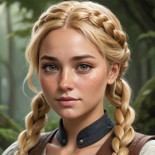 Prompt: A fantasy character with a round face, gold blond hair in a single braid, lightly tanned skin and freckles. In her early 30s l. Curious glint in her hazel eyes