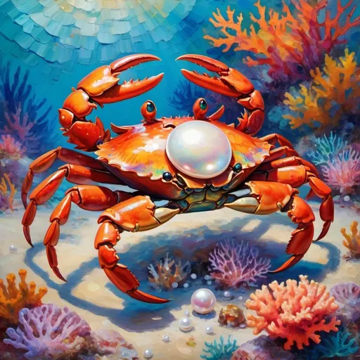 Prompt:   vibrant, textured Impressionism crab holding a precious pearl amidst colorful coral reefs