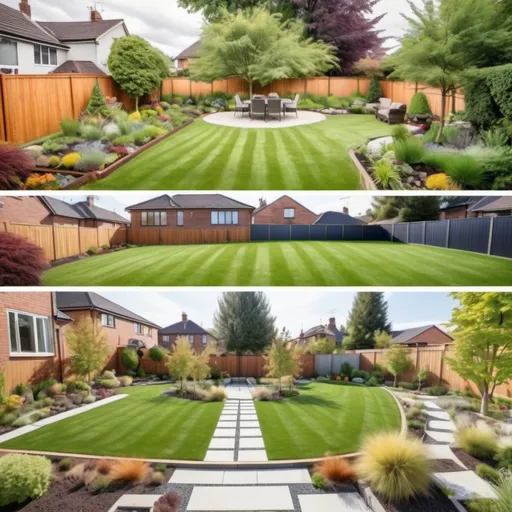 Prompt: Before-and-after visuals of stunning yard transformations, with a happy family enjoying their beautifully maintained garden