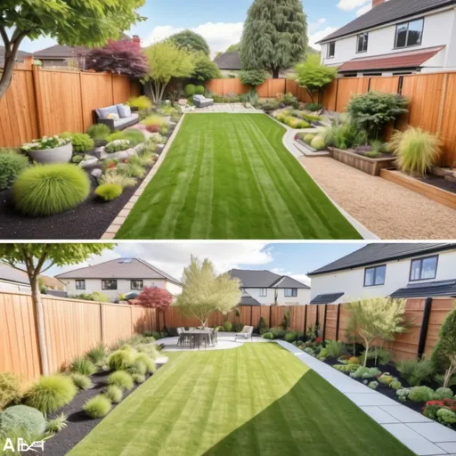 Prompt: Before-and-after visuals of stunning yard transformations, with a happy family enjoying their beautifully maintained garden