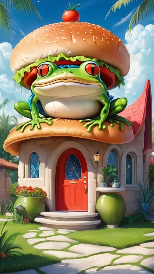 Prompt: Frog wearing a wizard hat, Picasso style, Here is the prompt: Design a whimsical house in the shape of an oversized hamburger. The house should resemble a giant cheeseburger with layers of sesame seed bun on top and bottom, large beef patties, slices of cheese, tomatoes, and lettuce in between. The bottom layer of the burger forms the foundation, while the entrance is placed in the middle of the burger, just below the second patty. The house is set outdoors with greenery and palm trees, under a bright blue sky with fluffy clouds. The setting should have a playful, larger-than-life vibe, making the house appear both surreal and inviting.