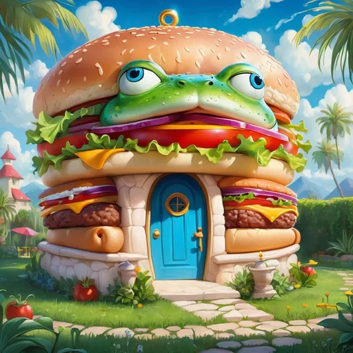 Prompt: Frog wearing a wizard hat, Picasso style, Here is the prompt: Design a whimsical house in the shape of an oversized hamburger. The house should resemble a giant cheeseburger with layers of sesame seed bun on top and bottom, large beef patties, slices of cheese, tomatoes, and lettuce in between. The bottom layer of the burger forms the foundation, while the entrance is placed in the middle of the burger, just below the second patty. The house is set outdoors with greenery and palm trees, under a bright blue sky with fluffy clouds. The setting should have a playful, larger-than-life vibe, making the house appear both surreal and inviting.