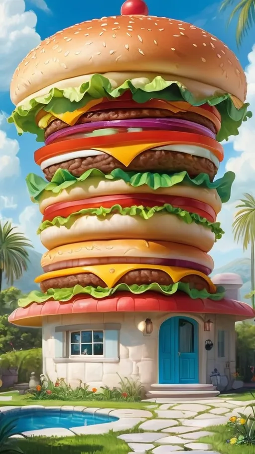 Prompt: Frog wearing a wizard hat, Picasso style, Here is the prompt: Design a whimsical house in the shape of an oversized hamburger. The house should resemble a giant cheeseburger with layers of sesame seed bun on top and bottom, large beef patties, slices of cheese, tomatoes, and lettuce in between. The bottom layer of the burger forms the foundation, while the entrance is placed in the middle of the burger, just below the second patty. The house is set outdoors with greenery and palm trees, under a bright blue sky with fluffy clouds. The setting should have a playful, larger-than-life vibe, making the house appear both surreal and inviting.