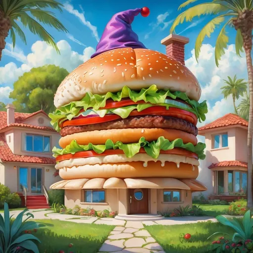 Prompt: Frog wearing a wizard hat, Picasso style, Here is the prompt: Design a whimsical house in the shape of an oversized hamburger. The house should resemble a giant cheeseburger with layers of sesame seed bun on top and bottom, large beef patties, slices of cheese, tomatoes, and lettuce in between. The bottom layer of the burger forms the foundation, while the entrance is placed in the middle of the burger, just below the second patty. The house is set outdoors with greenery and palm trees, under a bright blue sky with fluffy clouds. The setting should have a playful, larger-than-life vibe, making the house appear both surreal and inviting.