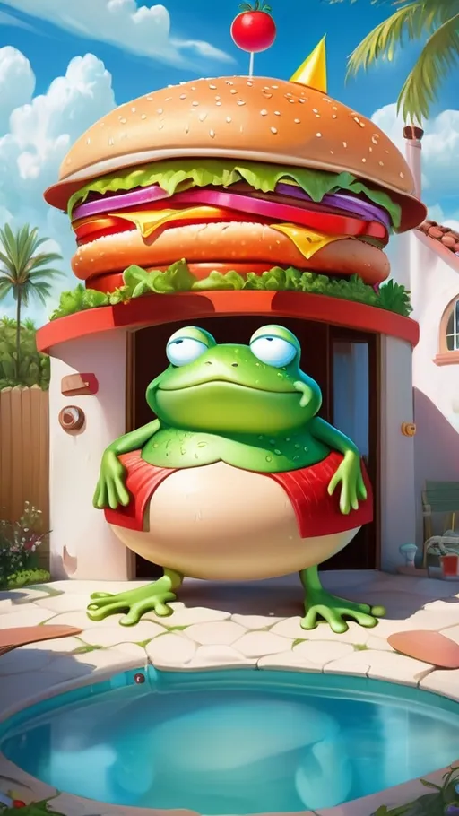 Prompt: Frog wearing a wizard hat, Picasso style, Here is the prompt: Design a whimsical house in the shape of an oversized hamburger. The house should resemble a giant cheeseburger with layers of sesame seed bun on top and bottom, large beef patties, slices of cheese, tomatoes, and lettuce in between. The bottom layer of the burger forms the foundation, while the entrance is placed in the middle of the burger, just below the second patty. The house is set outdoors with greenery and palm trees, under a bright blue sky with fluffy clouds. The setting should have a playful, larger-than-life vibe, making the house appear both surreal and inviting.