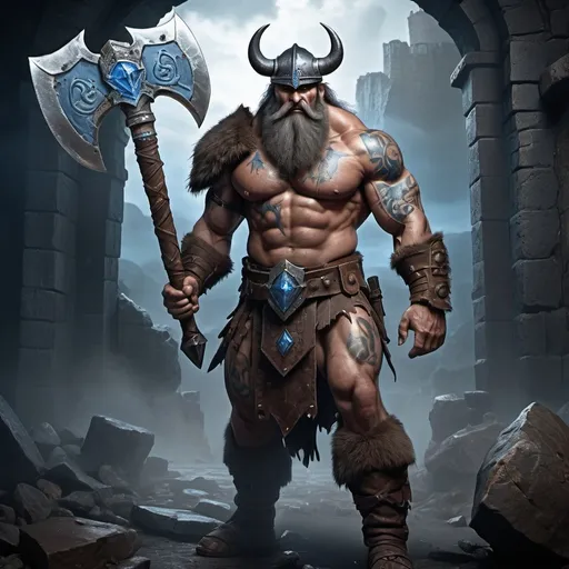 Prompt: (huge goliath barbarian), pale gray skin, muscular build, rugged tattoos, striking blue eyes, prominent scar, thick beard, reinforced leather armor with magical runes, carries a large battleaxe, tattered wizard hat, (dark color scheme), fantasy RPG style, (dramatic lighting), (moody atmosphere), high-detail textures, epic background with ancient ruins and mist, ultra-detailed, trending on ArtStation, 4K