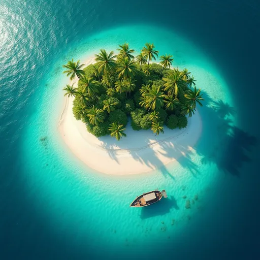 Prompt: “A breathtaking aerial view of a tropical island surrounded by turquoise waters, lush palm trees, white sand beaches, and a small wooden boat floating near the shore, clear skies, photorealistic style”

