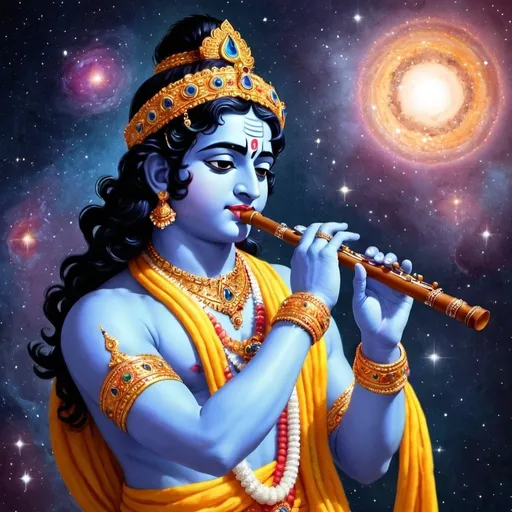 Prompt: Generate a image of krishna  with flute try to be cosmic