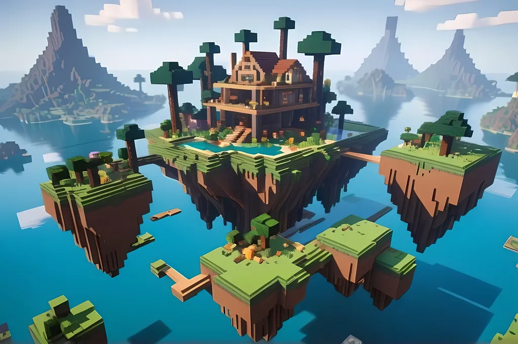 Prompt: A futuristic Minecraft world with floating islands, advanced technology, and pixelated characters