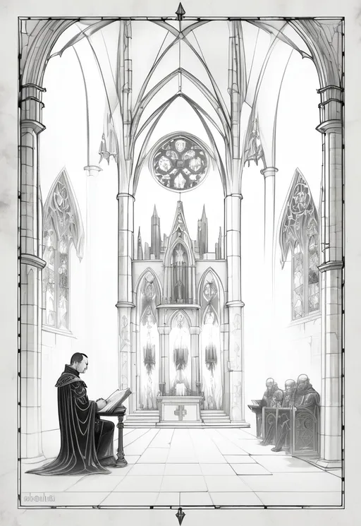 Prompt: A black-and-white, detailed pencil sketch of a Warhammer Chaplain reading from the Imperial Codex in a dimly lit gothic chapel. The environment features towering stained glass windows, candlelight (highlighted through contrast), and intricate gothic architectural details. The Chaplain is solemn, holding an ancient tome with glowing inscriptions (depicted with radiating lines). The sketch captures reverence and dark fantasy with sharp contrasts and intricate textures